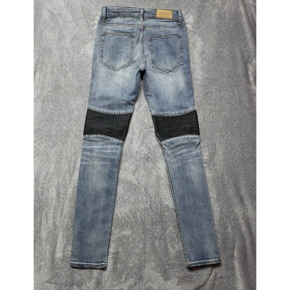 MNML Men’s Moto Biker Distressed Leather Knee Skinny Jeans Size 29x33 - Picture 3 of 15